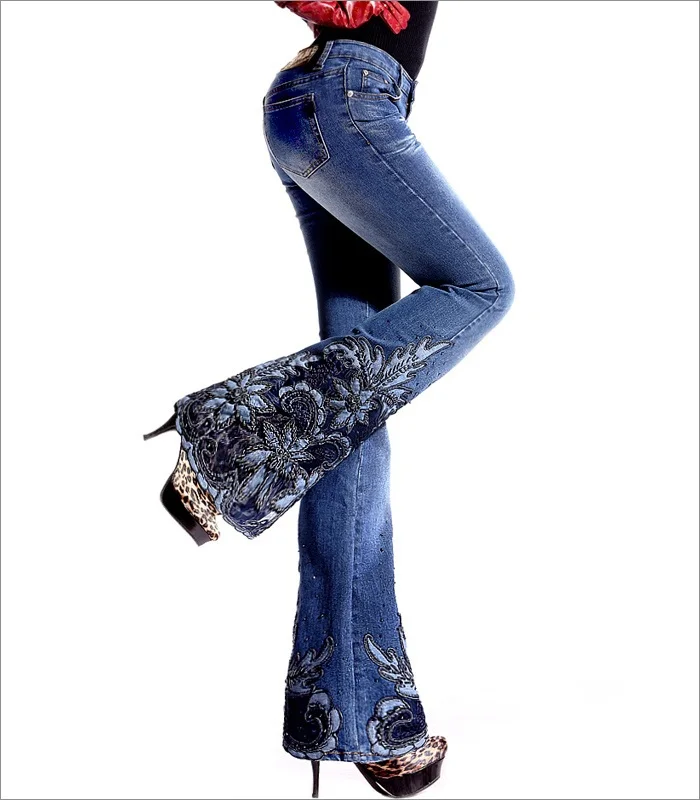 Autumn Spring Fashion European Style Woman Embroidered Flares Beading Denim Trousers , Embroidery Flare Jeans Pants For Women