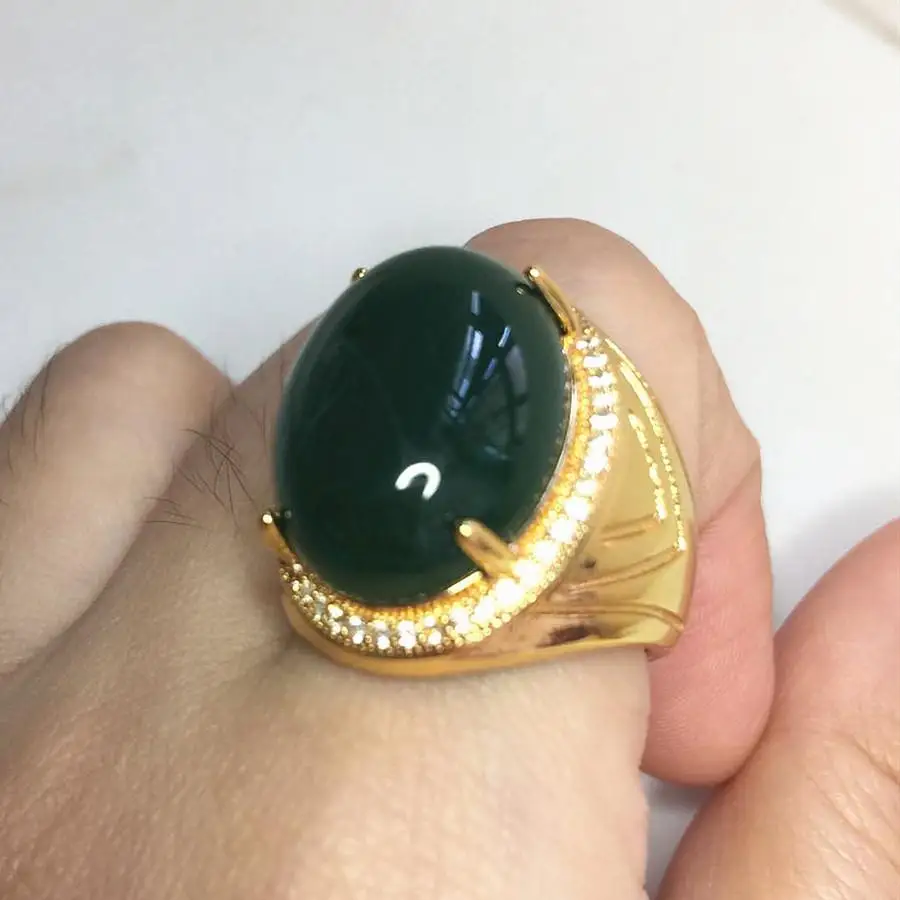 

Vintage luxury Big oval green jade emerald gemstones diamonds rings for men gold color jewelry bague bijoux fashion accessories