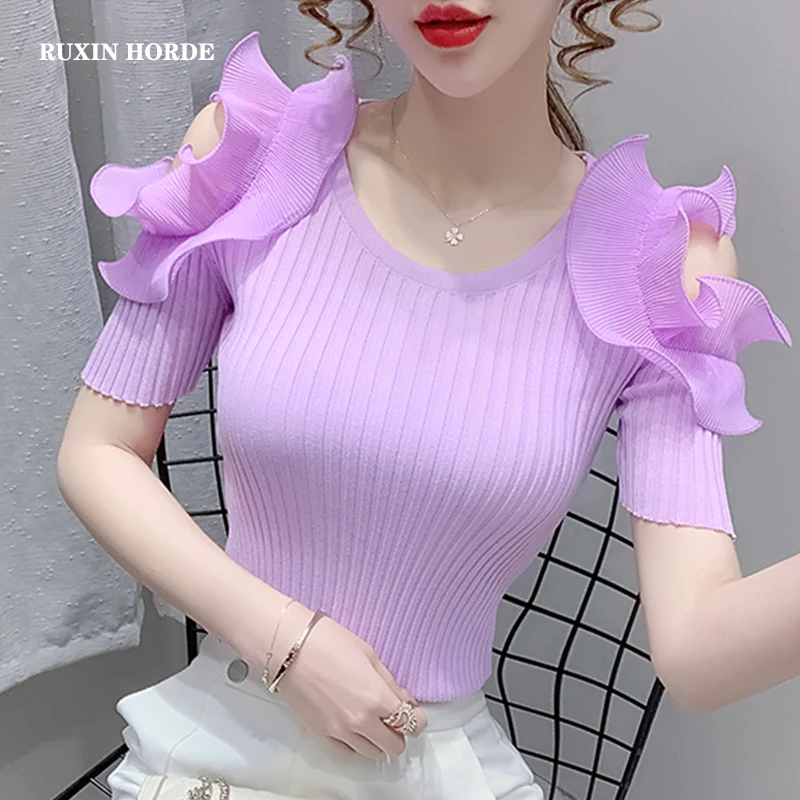 

Appliques Off-The-Shoulder Knitted-Shirt Sweeet Femal O-Neck 2021 Summer New Lace Strapless Temperament Joker Show Thin Spliced