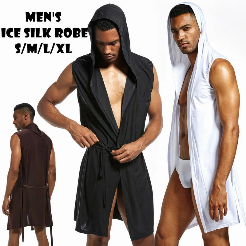 

Men Bathrobe Sexy Pajama Nightwear Nightgown Sleepwear Hombre Men Clothes Sleeveless Hooded Bath Robe Men Bathing Gown Plus Size