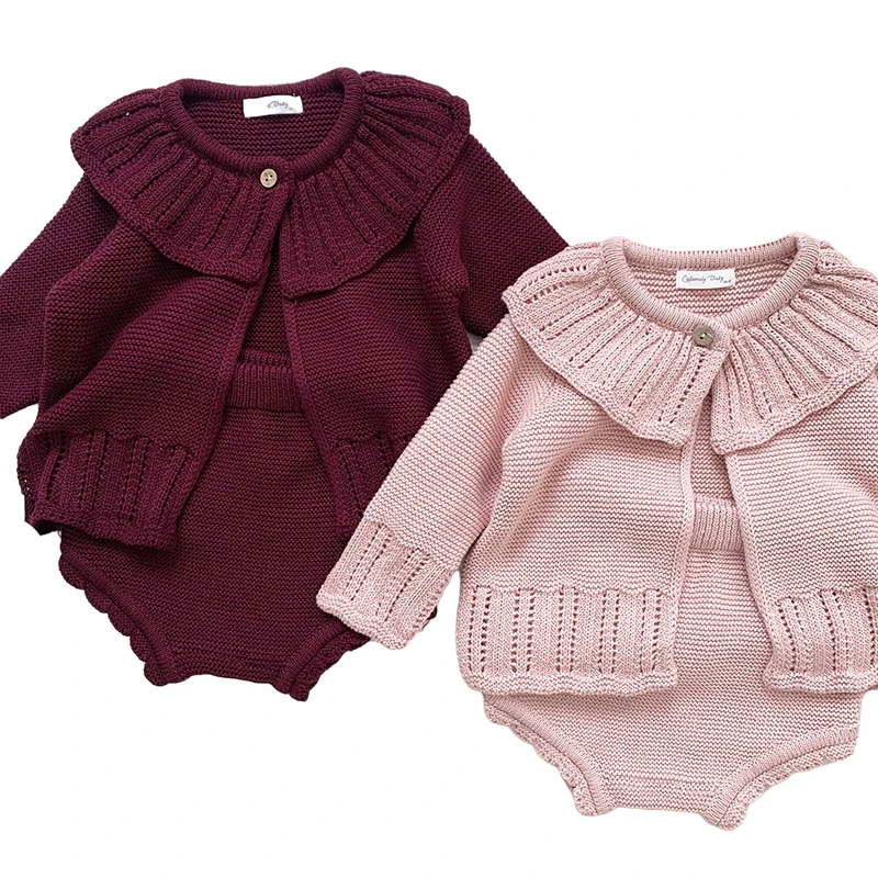 

Baby Girls Knitted Suits Clohting Knit Set Autumn Ruffle Set Fashion Baby Girls Clothes Long Sleeve Knit Cardigan+PP Short Sets