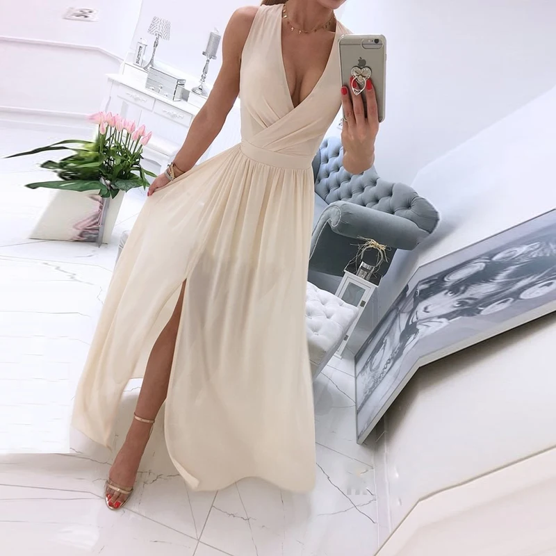 

Women Dress Sleeveless Side Split Solid Sexy Deep V Neck Dresses 2021 Summer Elegant Fashion Personalized Party Long Dress