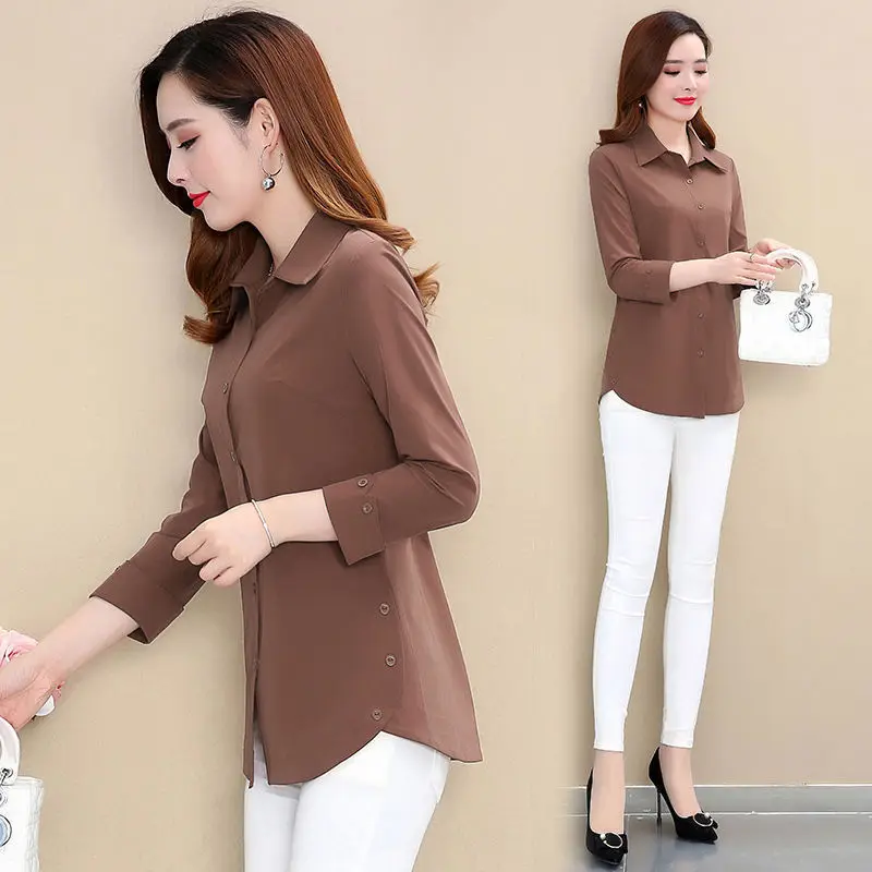 

Plus Size Button Up Shirts For Women Ladies Autumn Long Sleeve Tops Solid Color Slim Fit Mom Clothes 2021 New