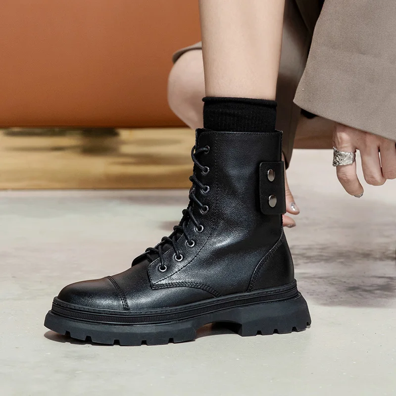 

LIBIELIY Genuine Cow Leather Lady Boots Thick-soled Short Boots British Style Side Zipper Round Toe Flat Ankle Boots