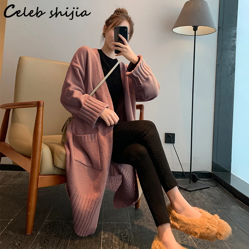 Женский длинный вязаный кардиган SHIJIA корейский шерстяной свитер цвета хаки с