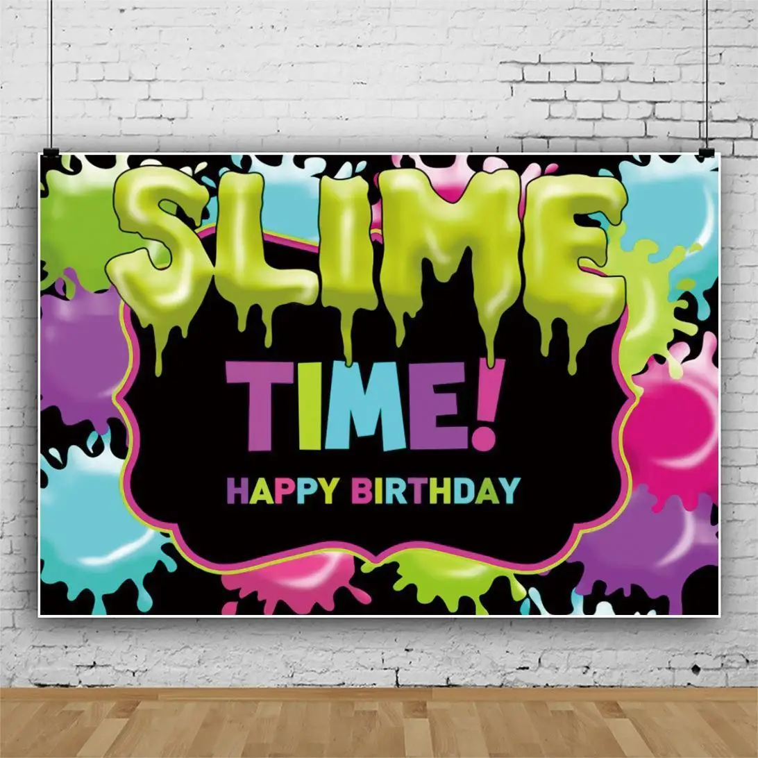 

Виниловый фон для детской вечеринки с изображением слайма и времени