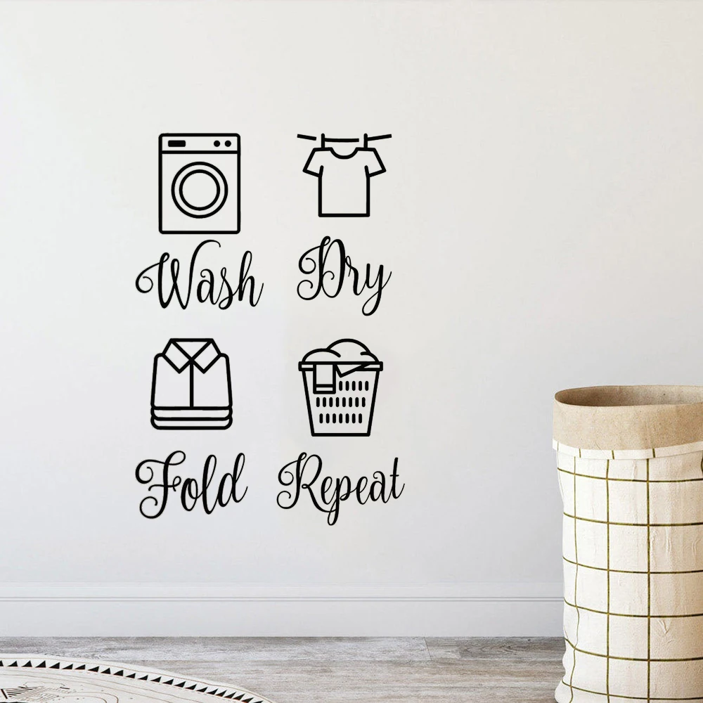 Wash Dry Fold Repeat Wall Sticker Home Decor Laundry Room Decoration Removable Art Wall Decals Vinyl Mural Poster