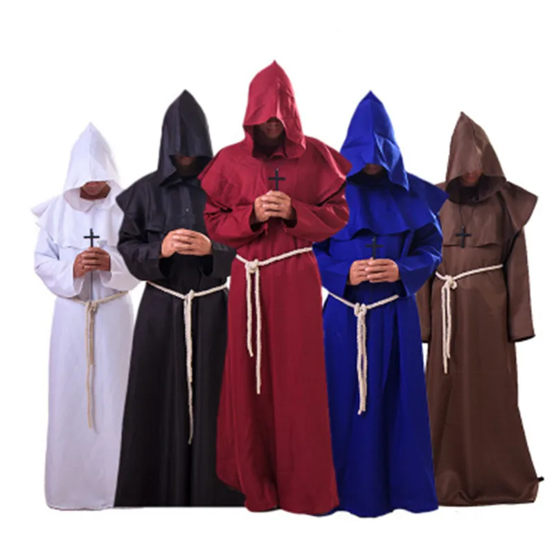 

Medieval Halloween Costume Men Women Vintage Renaissance Monk Cosplay Cowl Friar Priest Hooded Robe Rope Cloak Cape Clothing