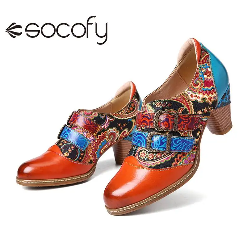 

SOCOFY Women Retro Style Cow Leather Pump Folkways Hook Loop Buckle Strap Heel Pumps Casual Party Shoes Botas Mujer 2020