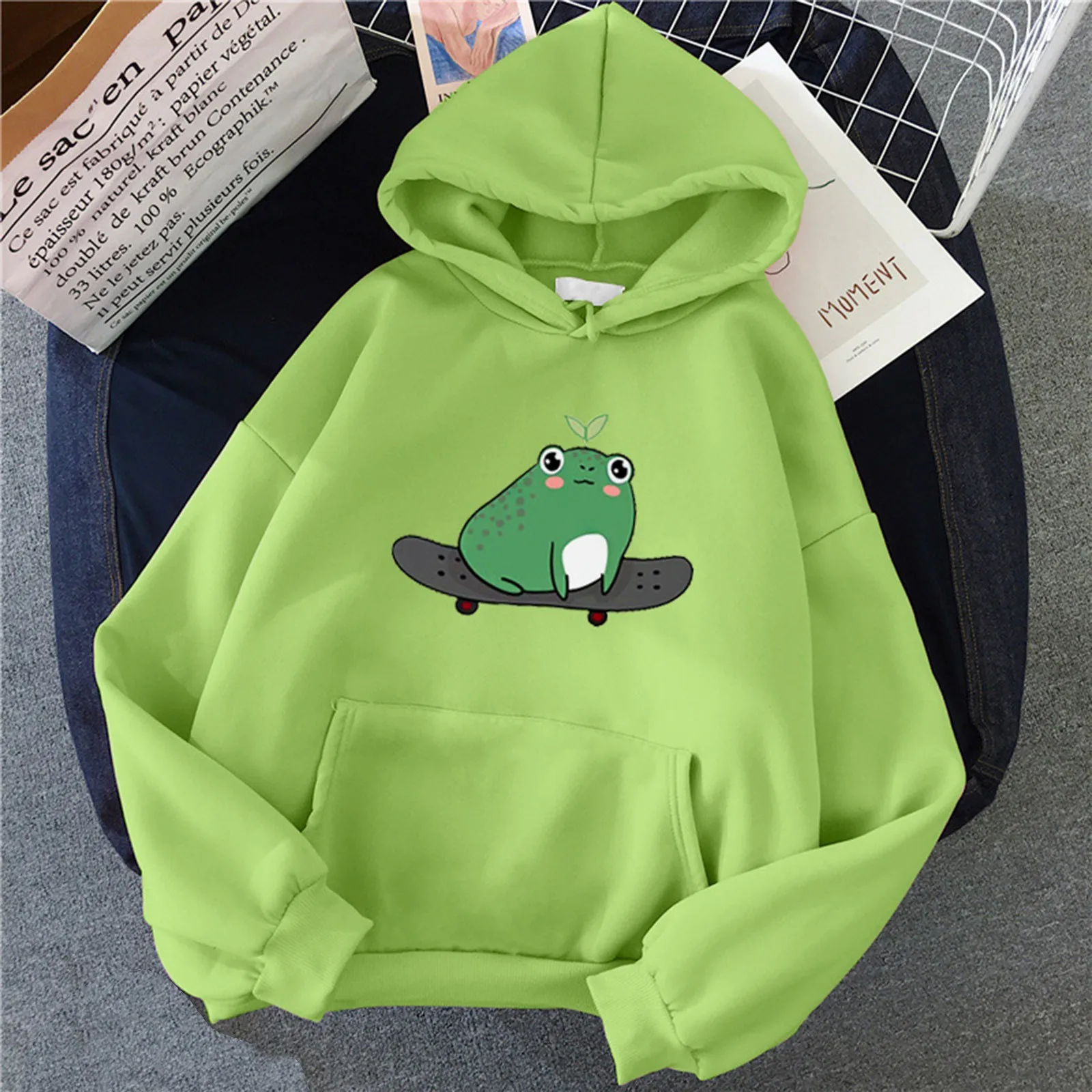 

JAYCOSIN Women Fashion New Stitching Cute Frog Print Hoodies Casual Cartoon Plus Velvet Green Long-Sleeve Hooded Sweatshirt Top