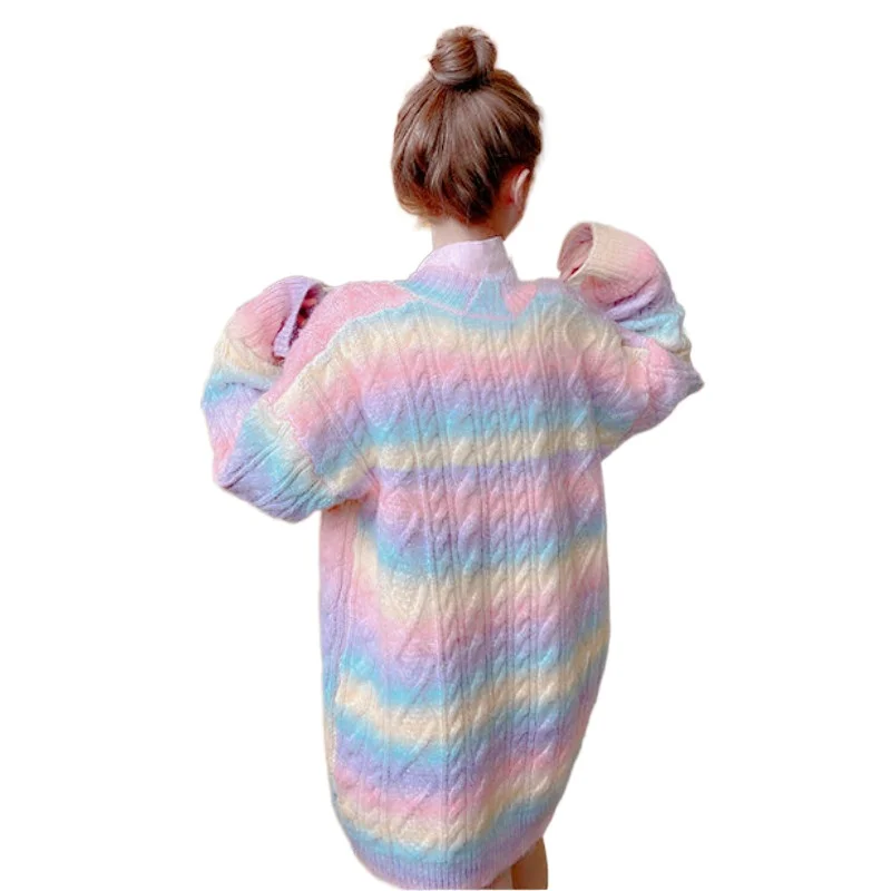 

Rainbow Knitted Cardigan Women Autumn winter Sweet Kawaii Sweater Coat Female long Korean Button Down Cardigan Fall 2021Women