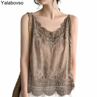summer lace hollow out hook flower cotton vest thin retro suspender tops for women sleeveless camis outside pullovers 5colors