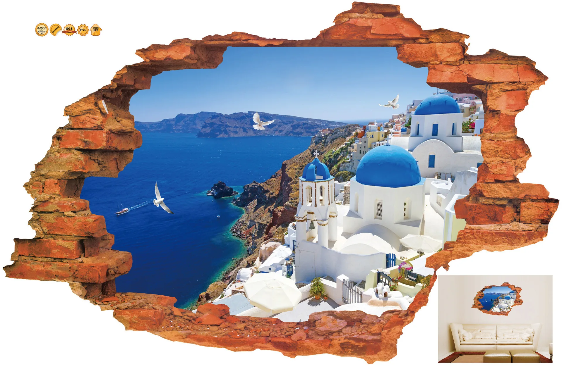 

Removable 3D wall sticker broken wall scenery love sea home mj8024f PVC waterproof decoration sticker