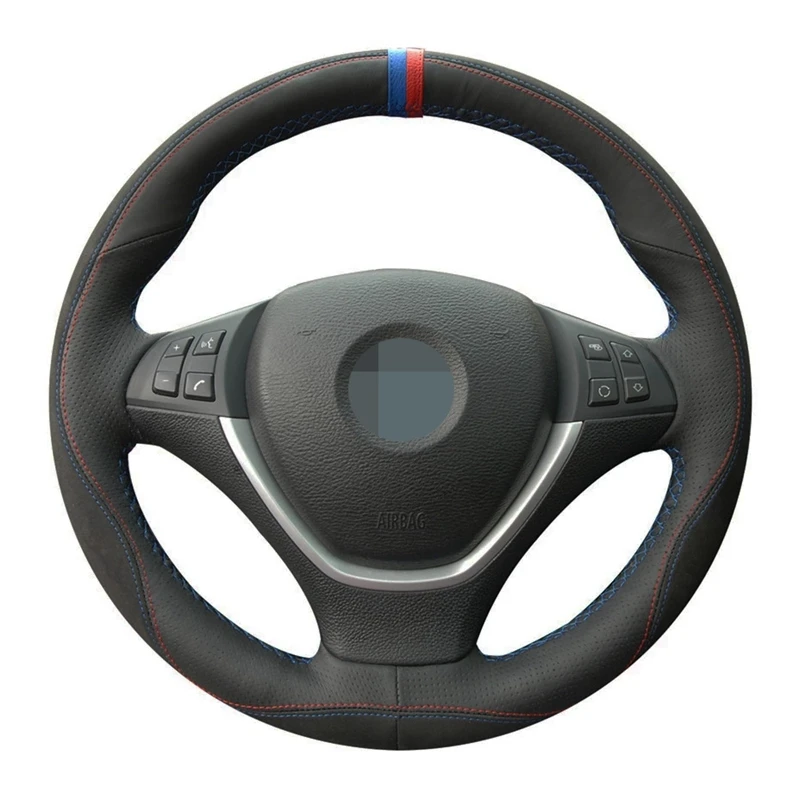 

Car Steering Wheel Cover Black Genuine Leather Suede DIY Hand-stitched For BMW E70 X5 2008-2013 E71 X6 2008-2014
