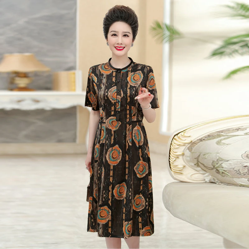 

Women Oriental Silk Straight Dresses Red Black Floral All Printed Short Sleeve Button Front A-Line One Piece Mature Lady Clothes