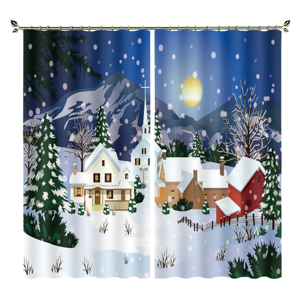 

DIY Picture Of Snowy Night Woods And Houses Export Products Blackout Heat Insulation Curtains Suitable For Bedroom Christmas