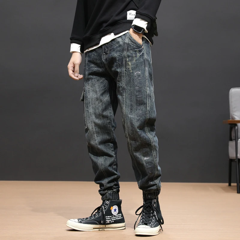 Джинсы мужские свободного покроя модные уличные штаны-султанки с большими