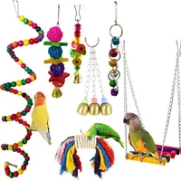 7pcsset bird cage toys for parrots reliable chewable swing hanging chewing bite bridge wooden beads ball bell toys