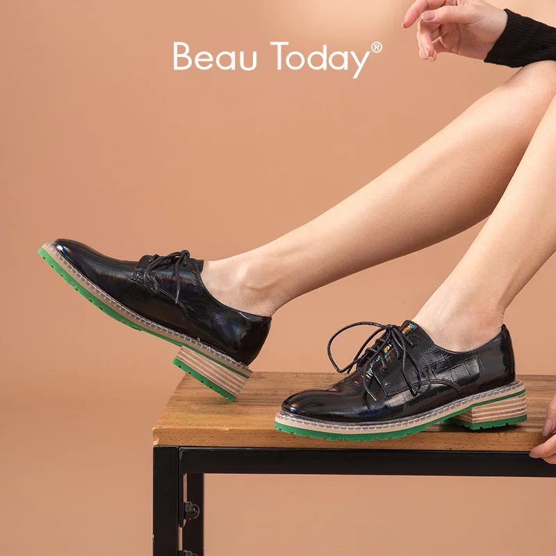 Ботинки BeauToday женские из лакированной кожи повседневные туфли оксфорды на