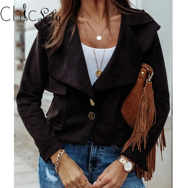

Chiclily Suede Fashion Jacket Coat Women Turn Down Collar Slim Short Jackets Female 2020 Streetwear Casual Ladies Top Coats