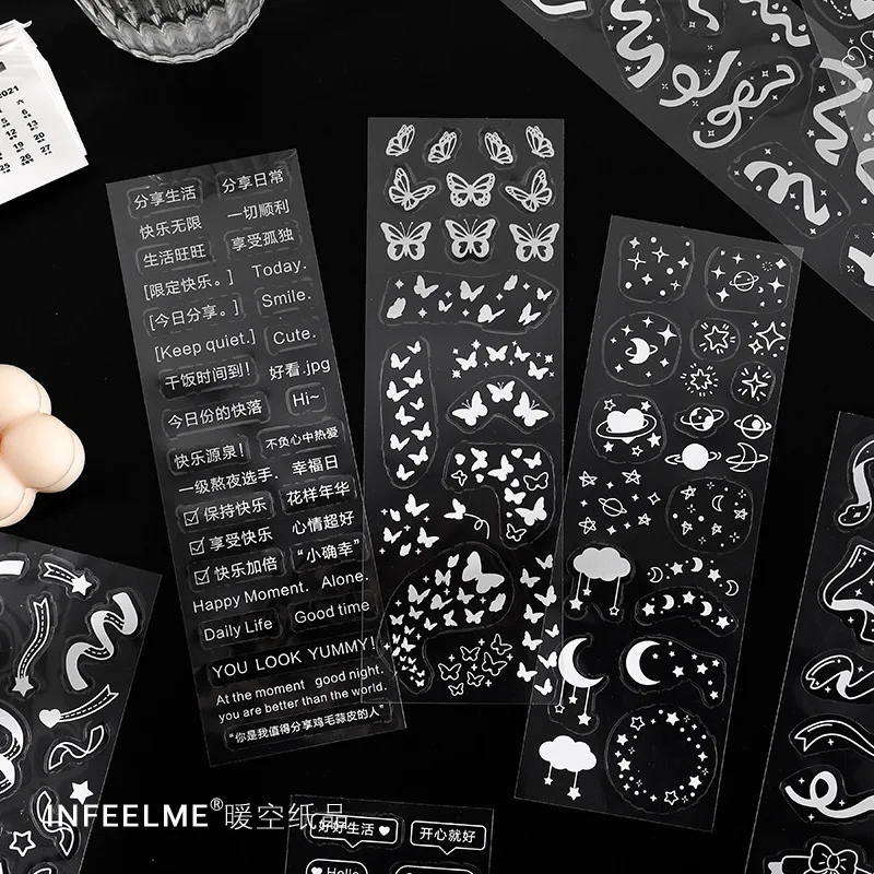 

Korean Transparent Silver Butterfly Letter Ribbon Sticker Scrapbooking Stickers DIY Material Stationary Art Supplies
