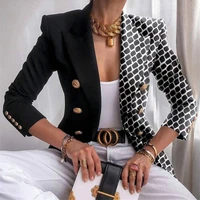 fashion plaid leopard chain print stitched suit coat women autumn lapel double row button decorative long sleeve cardigan jacket