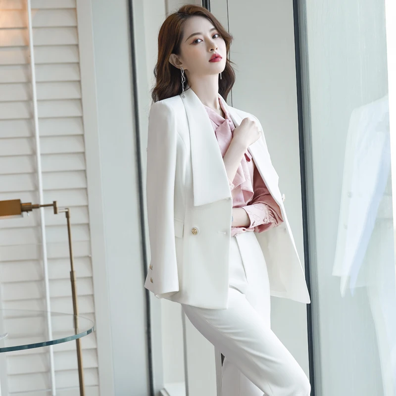 Formal Uniform Designs Pantsuits Autumn Winter Elegant White Professional Women Business Work Wear Blazers OL Trousers Set