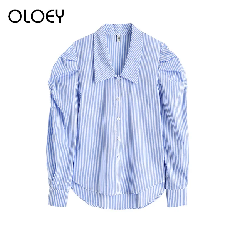 

New Fashion all-match puff sleeve pure blue striped shirt female spring 2021 Vintage long-sleeved loose casual V-neck women top