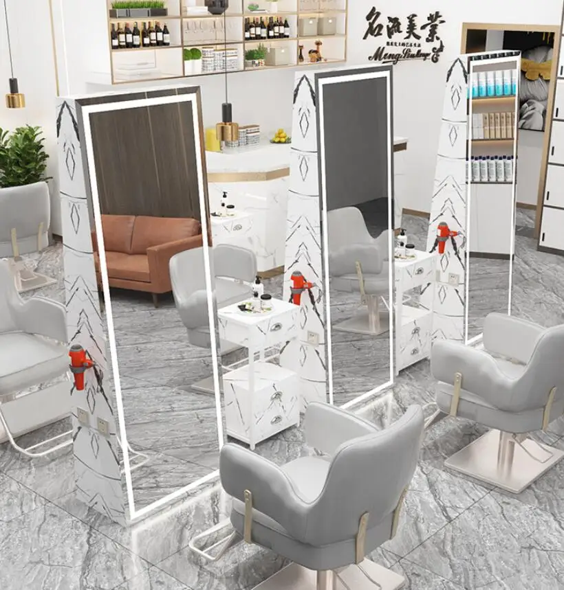 

Single-side mirror barber shop floor-to-ceiling double-side dyeing and perm mirror table with lamp for hair cutting in hair salo