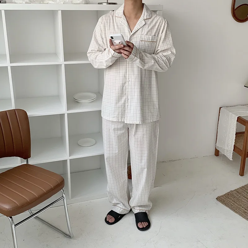 

Sleepwear 2020 Autumn New Couple Pajamas Simple Plaid Long-sleeved Loose Home Casual Wear Suit