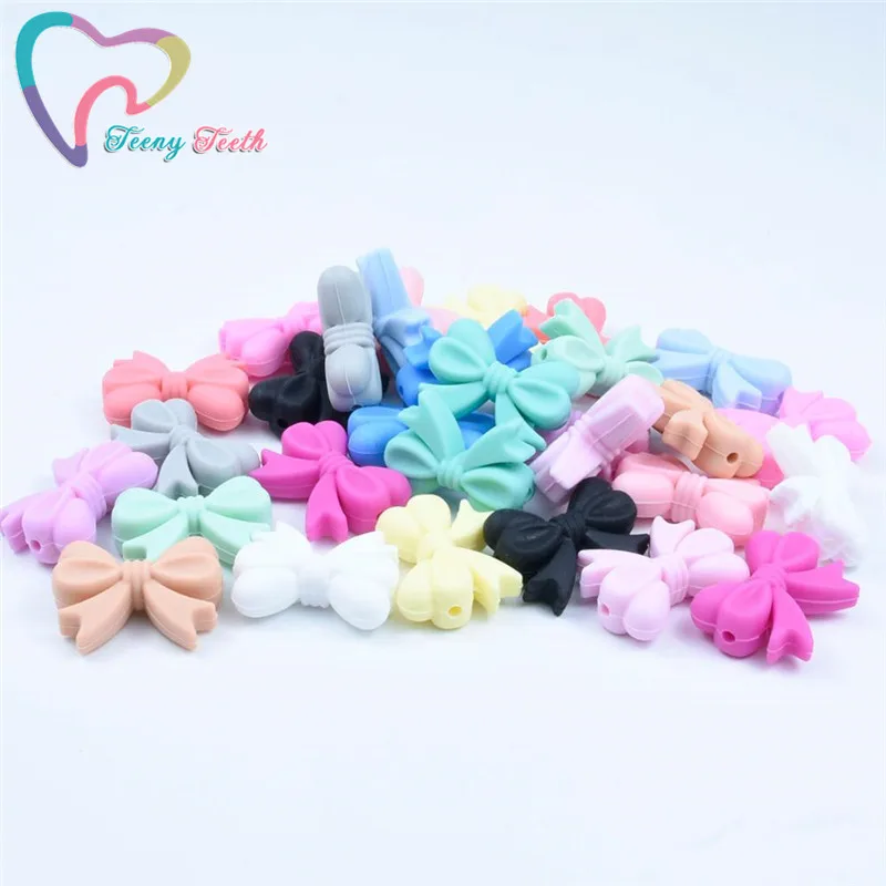 Pajarita de silicona para beb&eacute;, 5 uds., cuentas sueltas, juguetes de dentici&oacute;n masticables para beb&eacute;, accesorios de lactancia, collar DIY, fabricaci&oacute;n de joyas-0