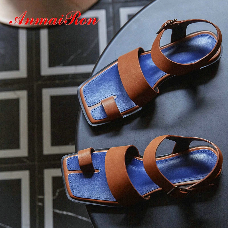 

ANMAIRON Leisure Platform Sandals Genuine Leather Gladiator Buckle Strap High Heel Sandals Mixed Colors Square Toe Women Shoes