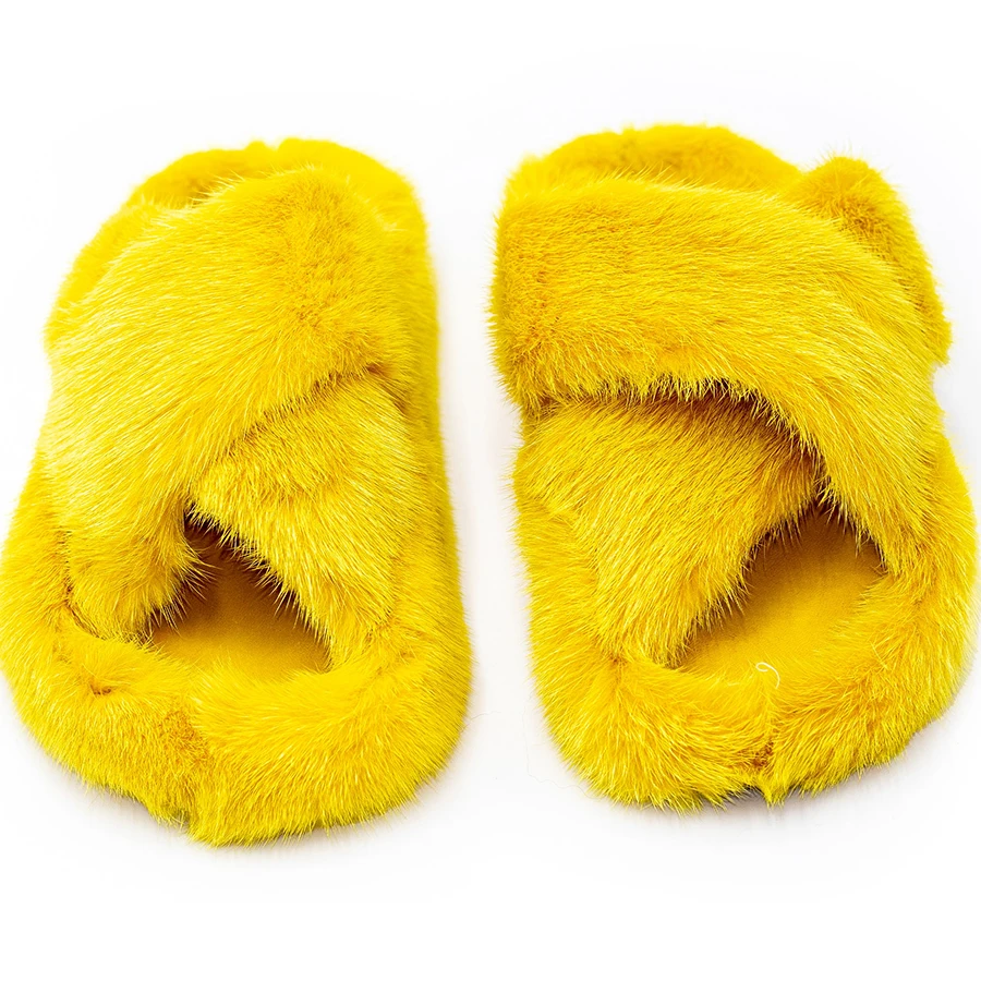 Шлепанцы женские с двойным перекрестным ремешком натуральный мех норки сланцы