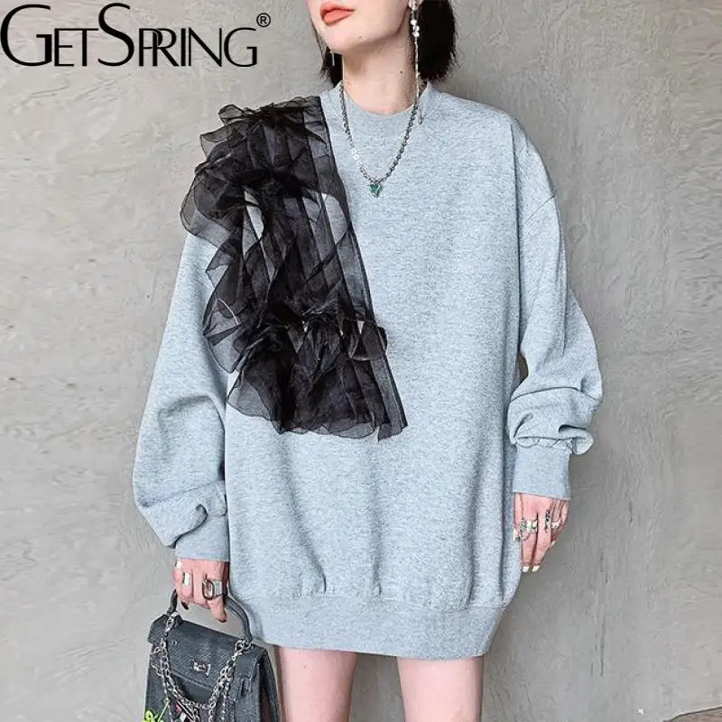 

Getspring Women Hoodies Patchwork Color Matching Black Gray Oversize Sweatshirt Women Irregular Long Hoodie Sweatshirt 2021 New