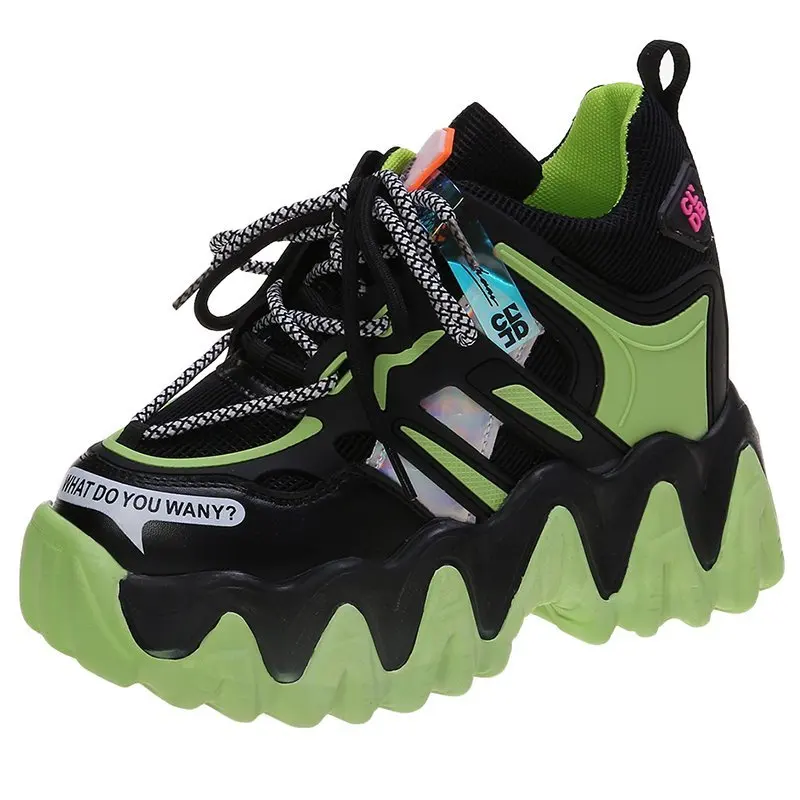 

Women Platform Sneakers Breathable Leather Casual Shoes 11cm Wedge Heels Chunky Sneakers Crystal High Chunky Chaussures Femme