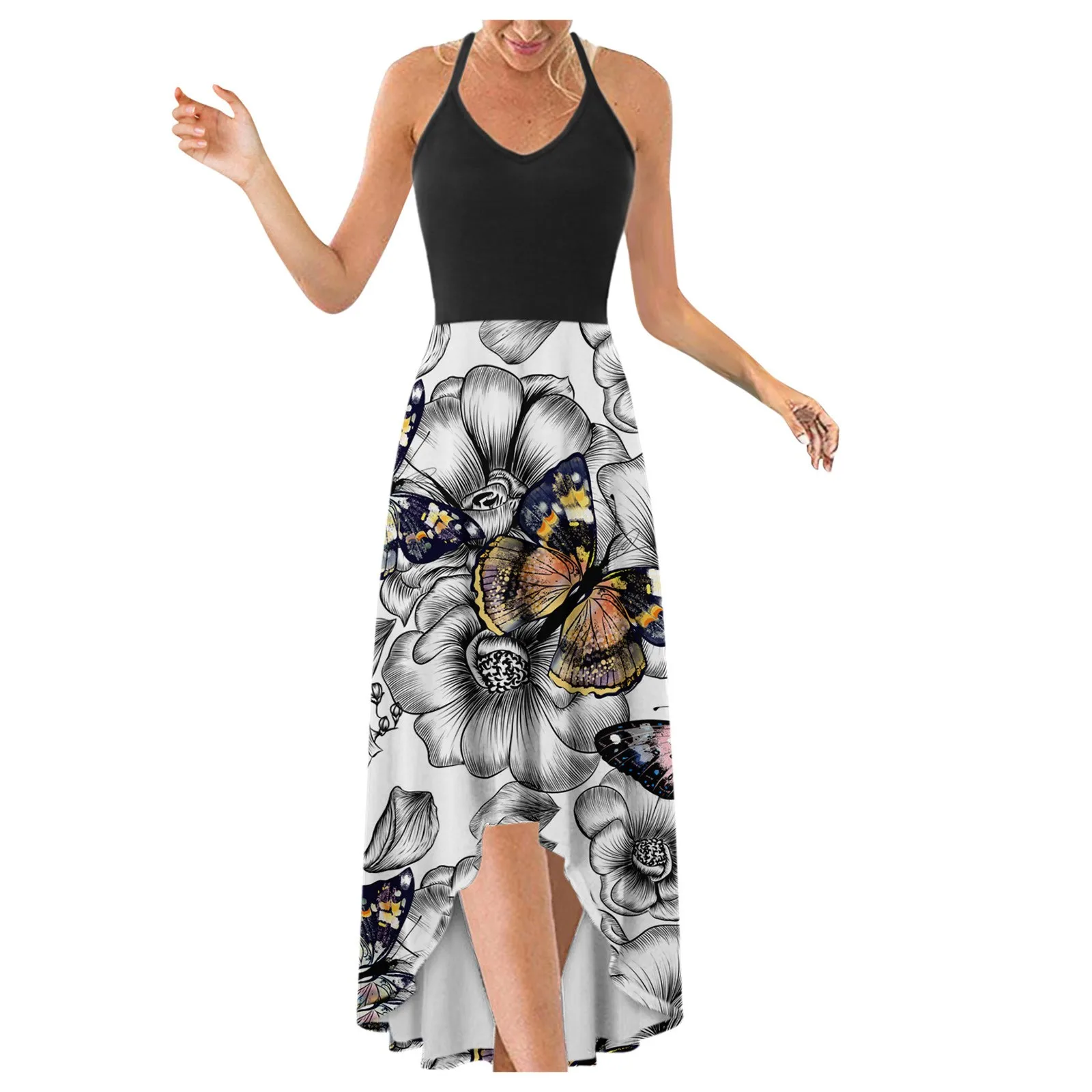 

Summer Women's Dress 2021 Sexy V-Neck Spaghetti Strap Long Dress Elegant Irregular Hem Printed Long Dresses Vestidos Robe Femme