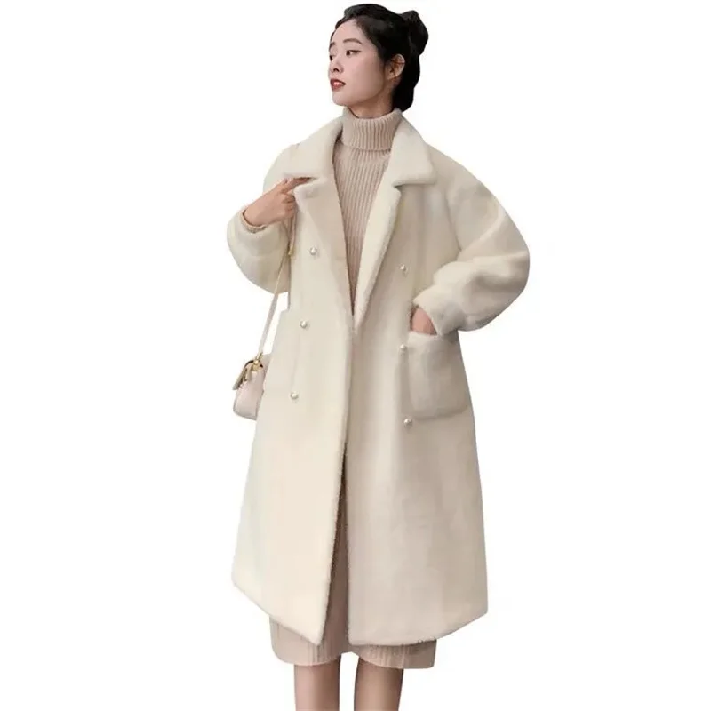 Women Autumn High-end Imitation Mink Velvet Fur Jacket Female New Winter Loose Velvet Gold Mid-length Mink Wool Coat WhiteA945