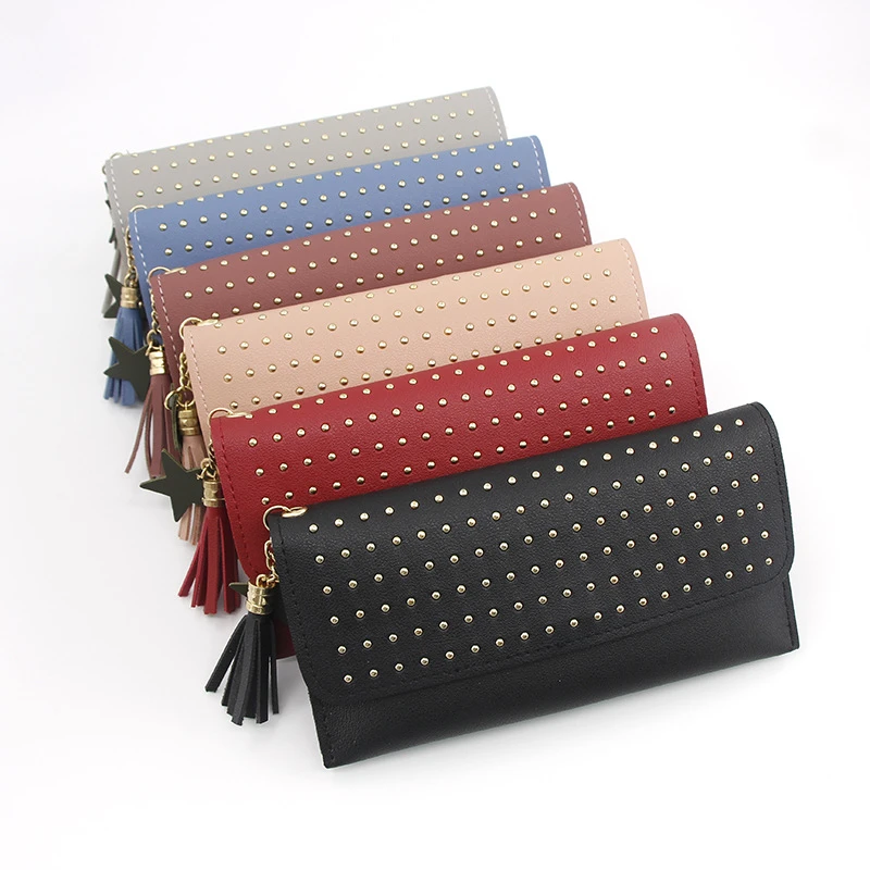 

Solid Color Tassel Long Design Leather Wallet Purse For Women With Rivet Multifunctional Mobile Phone Bag Ladies Card Case