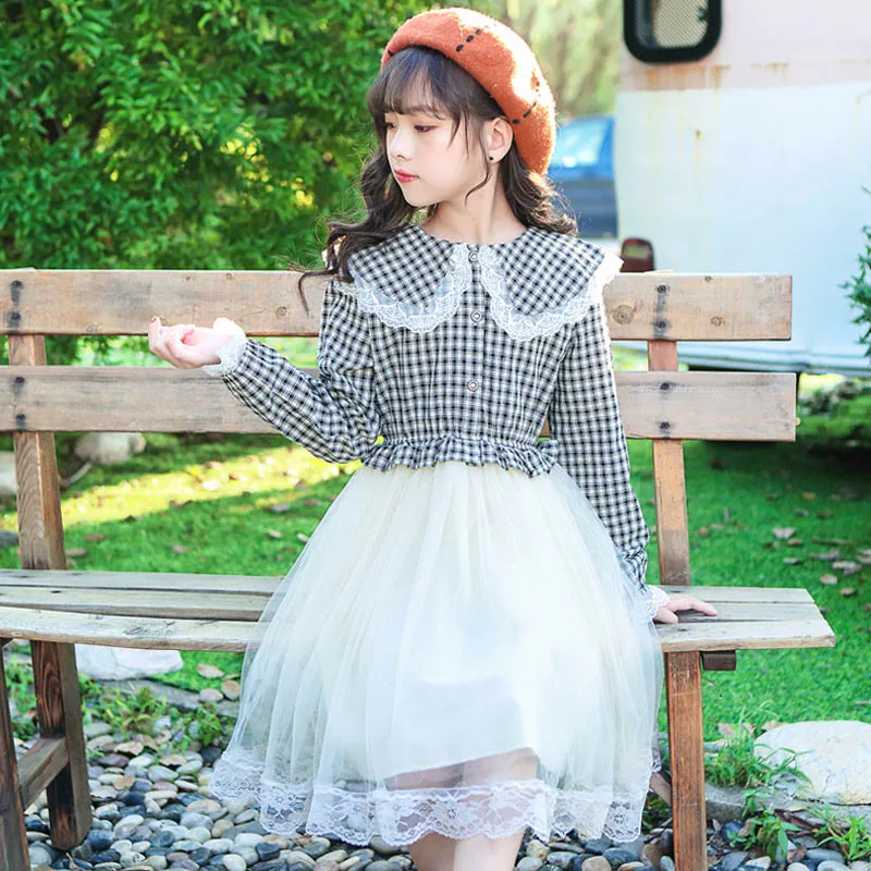Платье для девочек Осеннее клетчатое платье принцессы с длинным рукавом детская