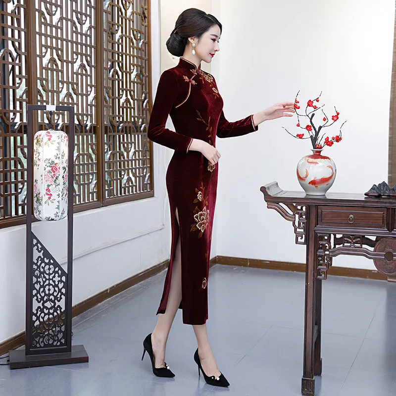 Платье с длинными рукавами для мамы винтажное китайское платье cheongsam из бархата