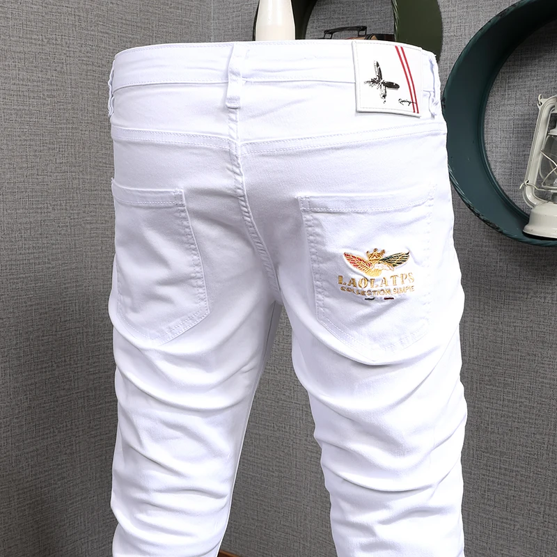 Summer Men Thin White Jeans Men Fashion Pocket Embroidery Slim Fit Straight Pants Casual Cotton Denim Trousers
