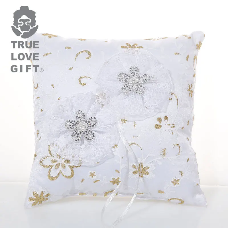 

European Flower Ring Pillow Pearl Diamond Wedding Bridal Ring Holder White Wedding Square Ring Pillow Wedding Supplies Wholesale