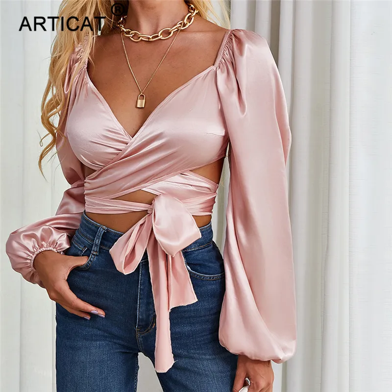 Женский Атласный топ на шнуровке Articat однотонный укороченный с v образным вырезом