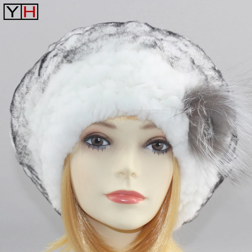 Зимняя женская шапка из натурального меха кролика Рекс, вязаная шапка из натурального меха кролика Рекс в полоску, Женская помпон из натурального меха