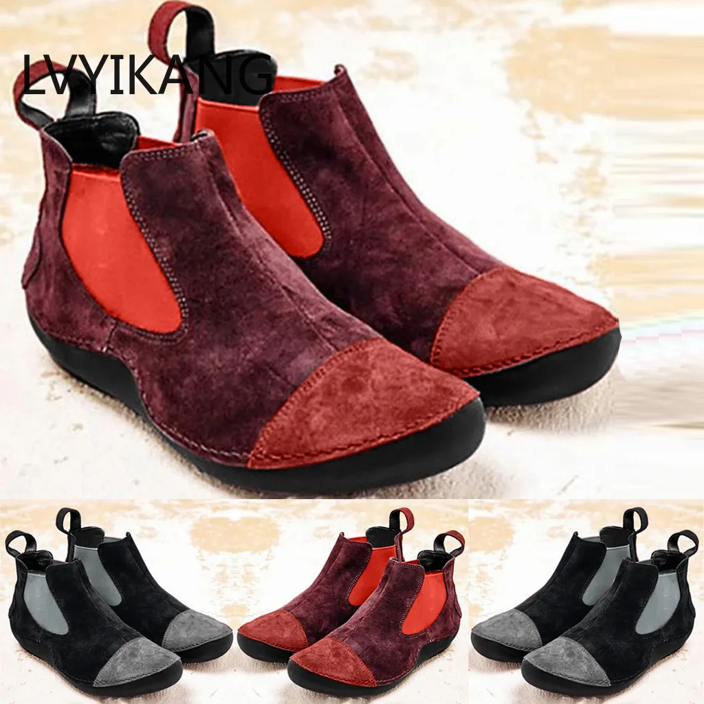 

Женские ботинки на плоской подошве, удобные повседневные ботильоны с круглым носком, без шнуровки, на низком каблуке, Европейская Женская о...