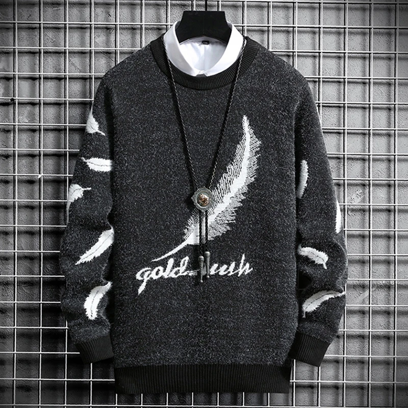 

2021 Fall Men's Casual Streetwear Harajuku Sweater Retro Retro Japanese Anime Feather Print Knitted Sweater Pullover