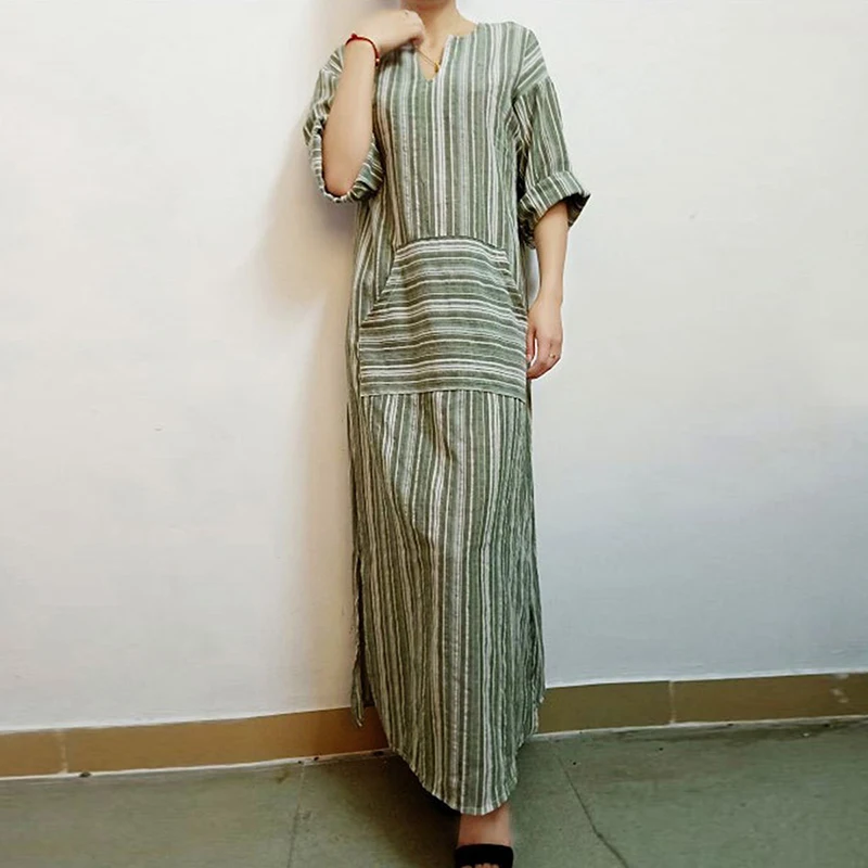 Женское элегантное мусульманское платье в полоску Caftan Arabe осеннее макси
