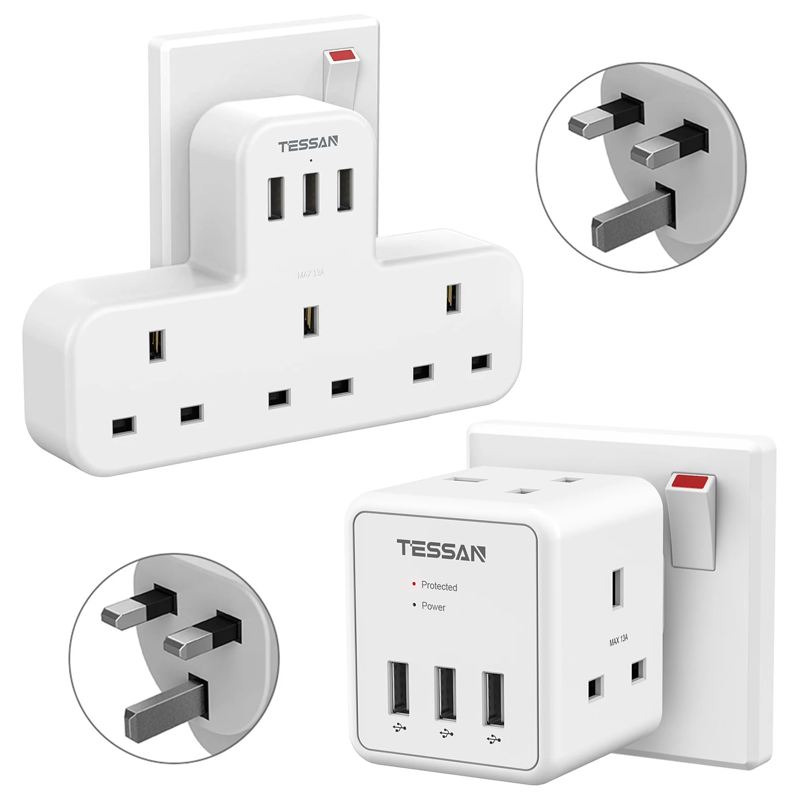 

TESSAN UK Double Plug Adapter, 2-Way Outlets with 3 USB Surge Protection, 13A Cube Multi Plug Extension Wall Socket for Home