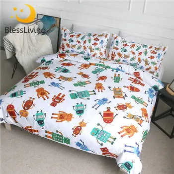 BlessLiving Robots Bedding Set for Children Teens Colorful Toys Bedspreads Science Quilt Cover With Pillowcases Cartoon Bed Set 1
