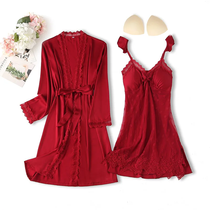 

Robe Set 2021 New Women Sleepwear Sexy Nightwear Burgundy Satin Lace Kimono Bathrobe Gown Silky Home Clothes Intimate Lingerie